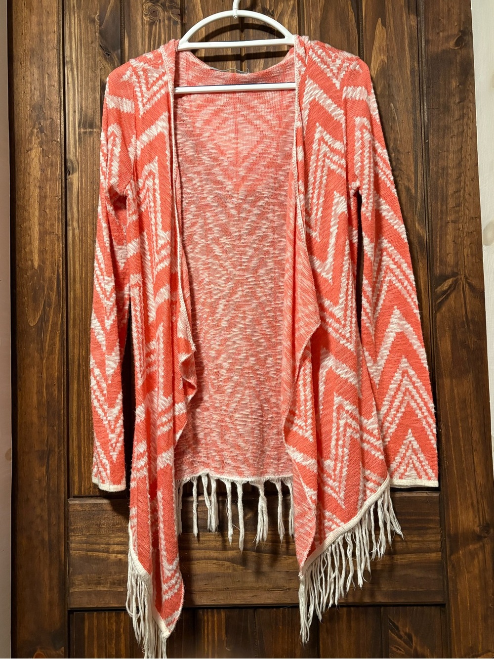Maurices Coral and Cream Chevron Fringe Open-Front Cardigan